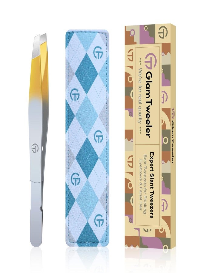 GlamTweeler ملقط G-01 الحصري ذو الطرف المائل، ملقط GlamTweeler عالي الدقة لإزالة شعر الحواجب والوجه مع حقيبة تخزين وحمل جلدية (فضي وذهبي) - Image 1